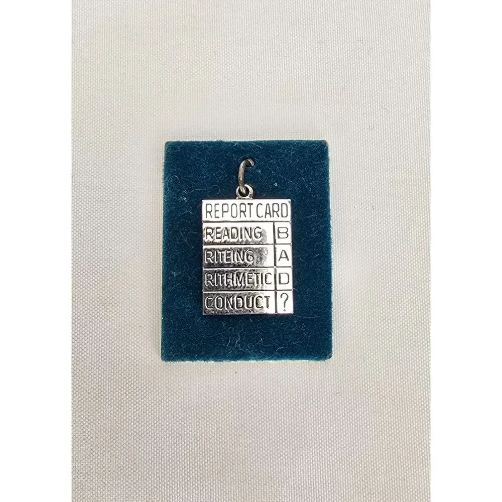 Vintage 60s 70s Sterling Silver Charm Pendant Funny Report Card School‎